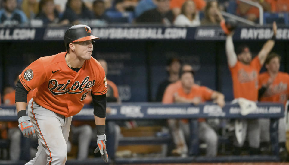 Baltimore Orioles' Ryan Mountcastle watches his two-run single to right field off Tampa Bay Rays reliever Luke Bard during the 11th inning of a baseball game Saturday, July 16, 2022, in St. Petersburg, Fla. The Orioles beat the Rays 6-4. (AP Photo/Steve Nesius)