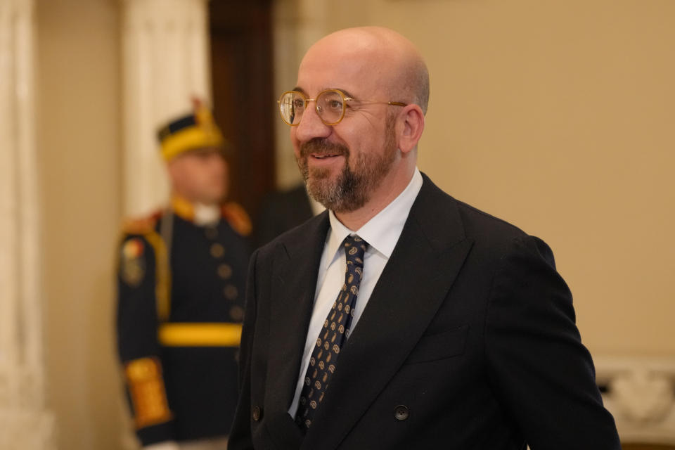 European Council President Charles Michel arrives for a meeting with Romanian President Klaus Iohannis at the Cotroceni Presidential Palace in Bucharest, Romania, Monday, March 27, 2023. (AP Photo/Andreea Alexandru)