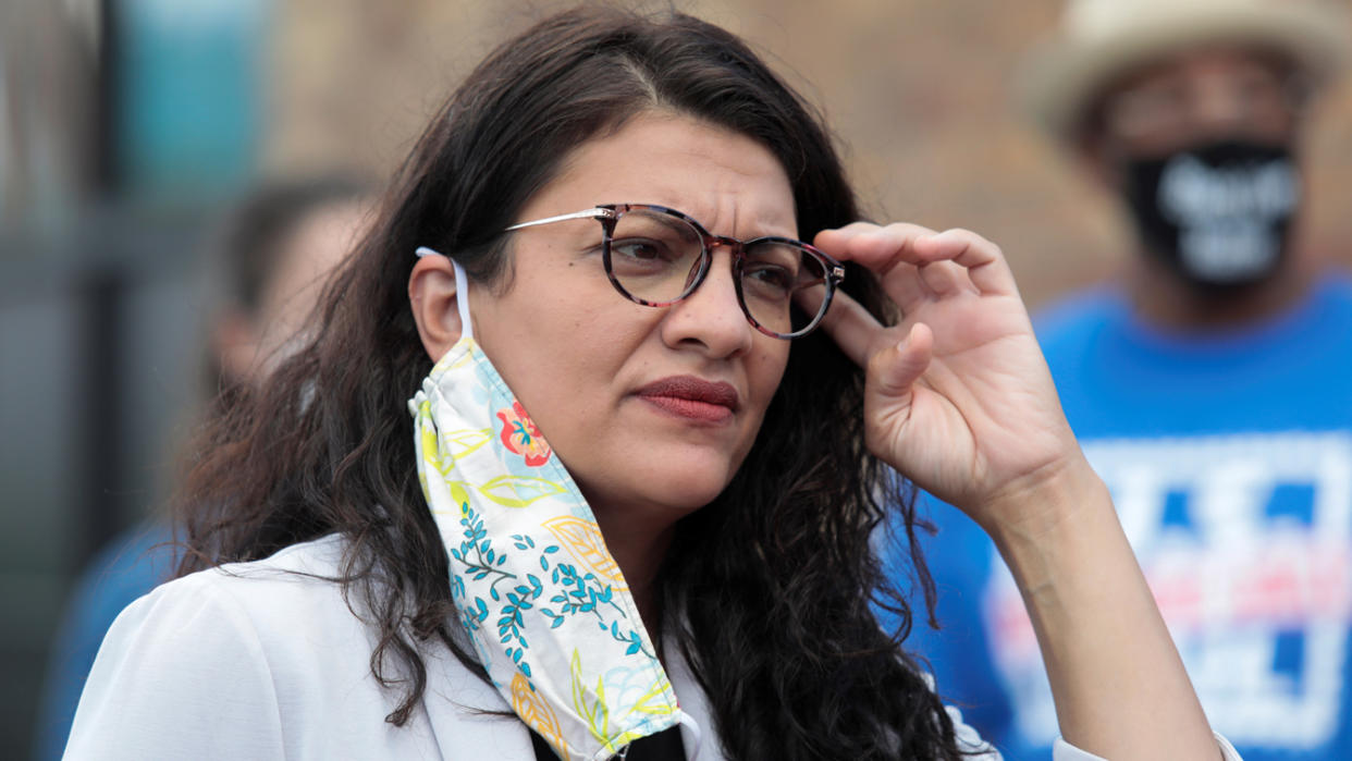 Rep. Rashida Tlaib speaks in support of the U.S. Postal Service in Detroit. (Rebecca Cook/Reuters)