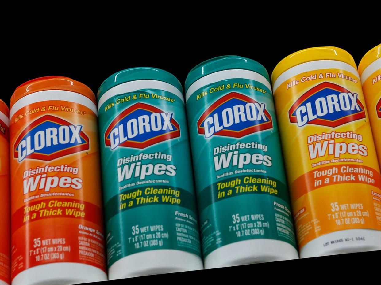 Clorox bleach disinfecting wipes on shelf in grocery store, graphic element on black