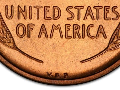 Designer Victor D. Brenner's initials, V.D.B., were only on the 'tail's side' of Lincoln cents for a short time when they were first issued in 1909. This particular coin, a specially-made proof, was sold at auction by GreatCollections of Irvine, California for a record $365,625.  (Photo courtesy of GreatCollections.)