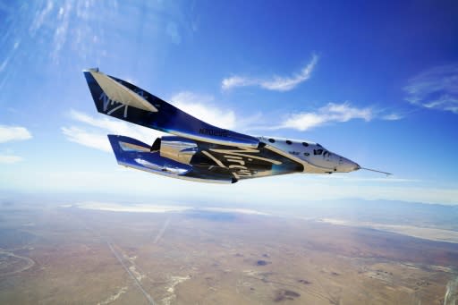 The Virgin Galactic VSS Unity, seen during a test flight over the Mojave desert in California on May 29, 2018