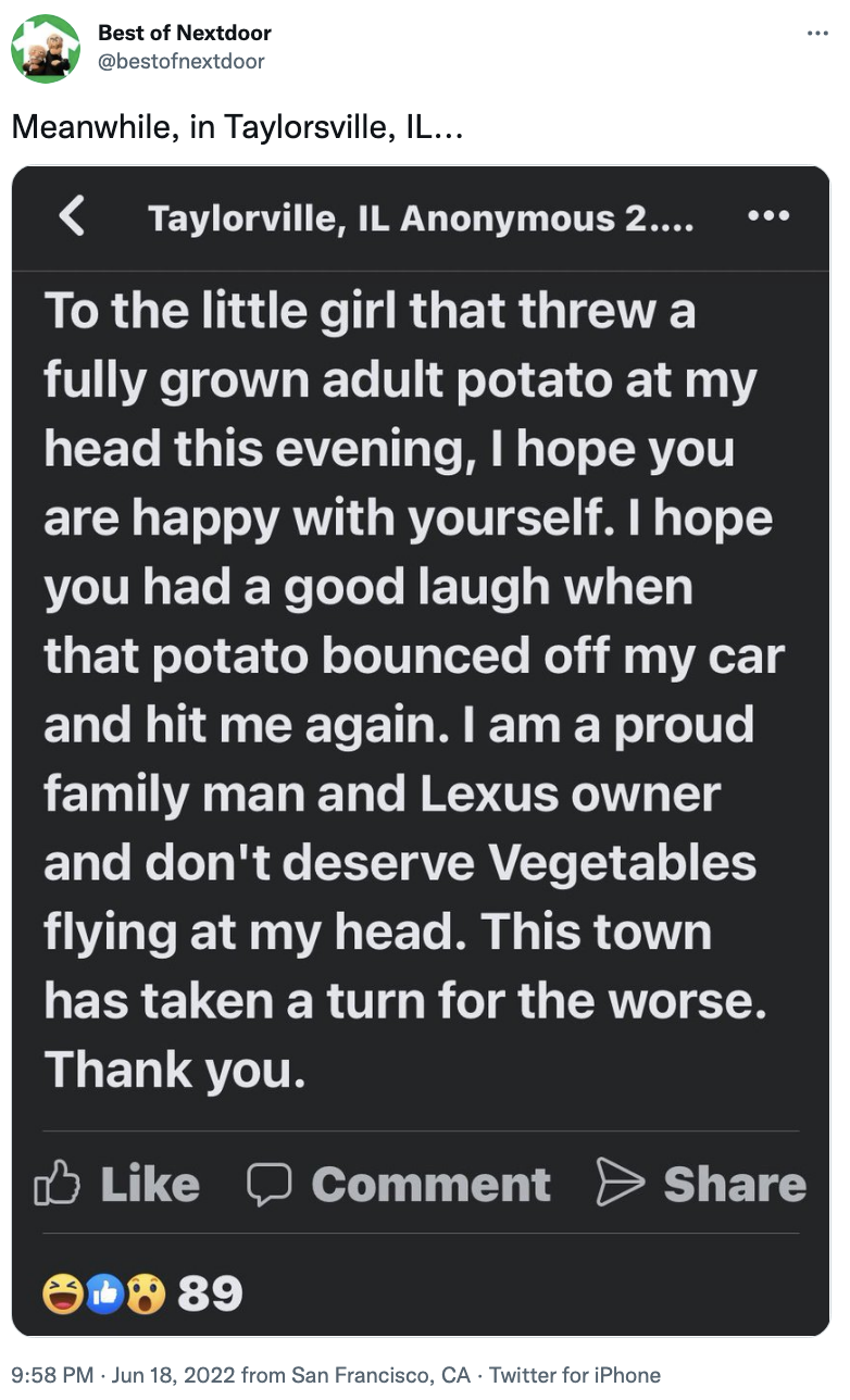 Screen shot of a post ending in, "This town has taken a turn for the worse. Thank you."