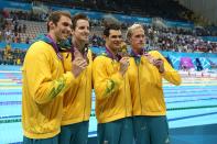 Bronze medallists (L-R) Christian Sprenger, James Magnussen, Matt Targett, and Hayden Stoeckel of Australia pose following the medal ceremony for the Men's 4x100m Meldey Relay Final on Day 8 of the London 2012 Olympic Games at the Aquatics Centre on August 4, 2012 in London, England. (Photo by Jeff Gross/Getty Images)