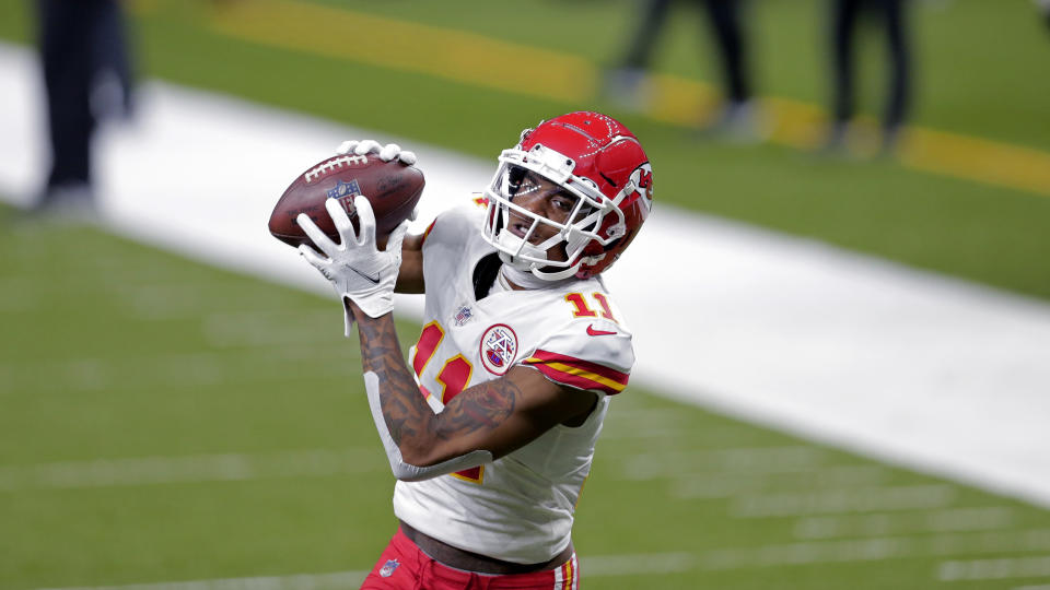 Kansas City Chiefs wide receiver Demarcus Robinson (11) warms up before an NFL football game against the New Orleans Saints in New Orleans, Sunday, Dec. 20, 2020. (AP Photo/Brett Duke)