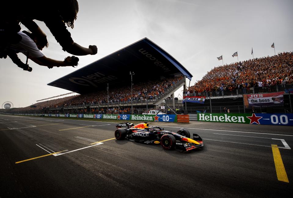 Max Verstappen RB18 Red Bull crosses finish line to win F1 Grand Prix Netherlands