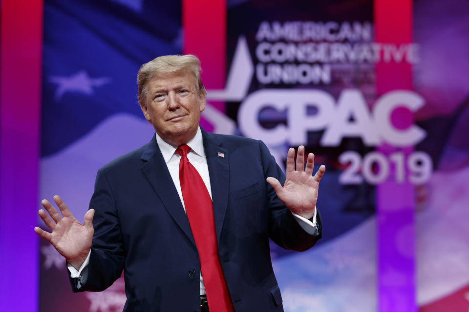 President Donald Trump looks to the cheering audience as he arrives to speak at Conservative Political Action Conference, CPAC 2019, in Oxon Hill, Md., Saturday, March 2, 2019. (AP Photo/Carolyn Kaster)