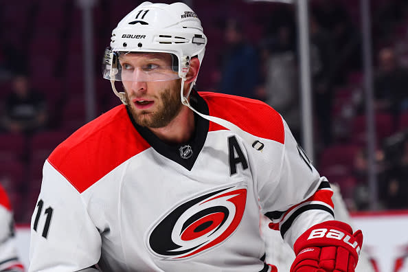 MONTREAL, QC - NOVEMBER 24: Look on Carolina Hurricanes Center Jordan Staal (11) at warmup before the Carolina Hurricanes versus the Montreal Canadiens game on November 24, 2016, at Bell Centre in Montreal, QC (Photo by David Kirouac/Icon Sportswire via Getty Images)