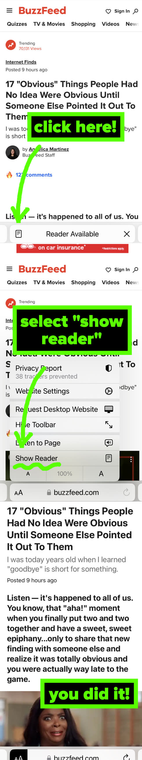 Graphic showing how to put a page in "Reader Mode"