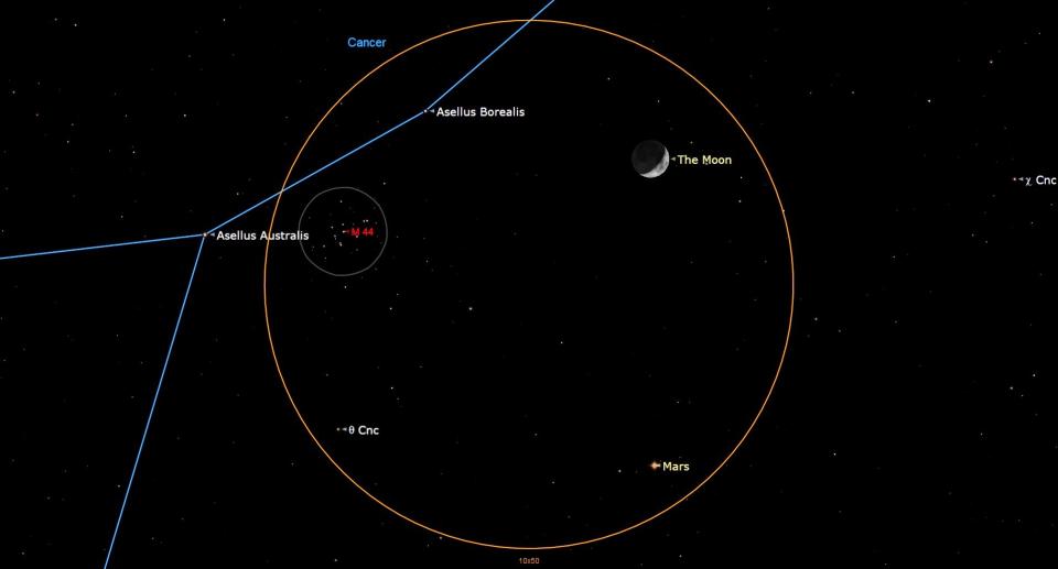 graphic showing the Waxing moon near Mars and the Beehive