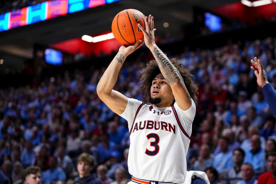 OXFORD, MS - FEBRUARY 03 - Auburn's Tre Donaldson (3) during the game between the #16 Auburn Tigers and the Ole Miss Rebels at Sandy and John Black Pavalion in Oxford, MS on Saturday, Feb. 3, 2024.

Photo by Zach Bland/Auburn Tigers