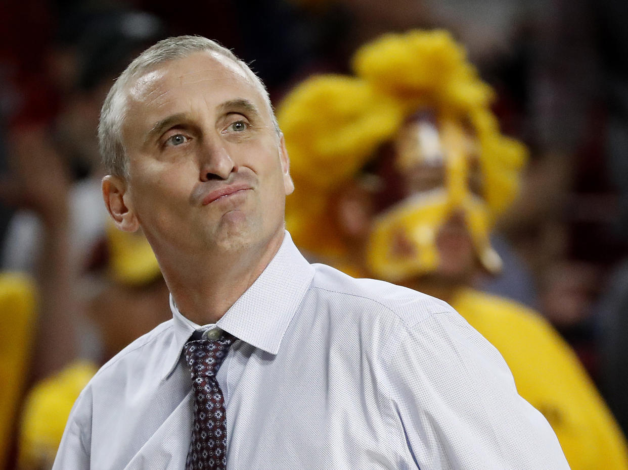 Arizona State head coach Bobby Hurley reacts to a call during the first half of a game against Stanford. (AP Photo/Matt York)