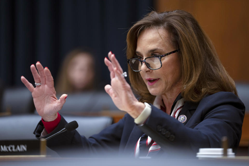 Rep. Lisa McClain, R-Mich., speaks during a hearing of the House Committee on Education on Capitol Hill, Tuesday, Dec. 5, 2023 in Washington. (AP Photo/Mark Schiefelbein)