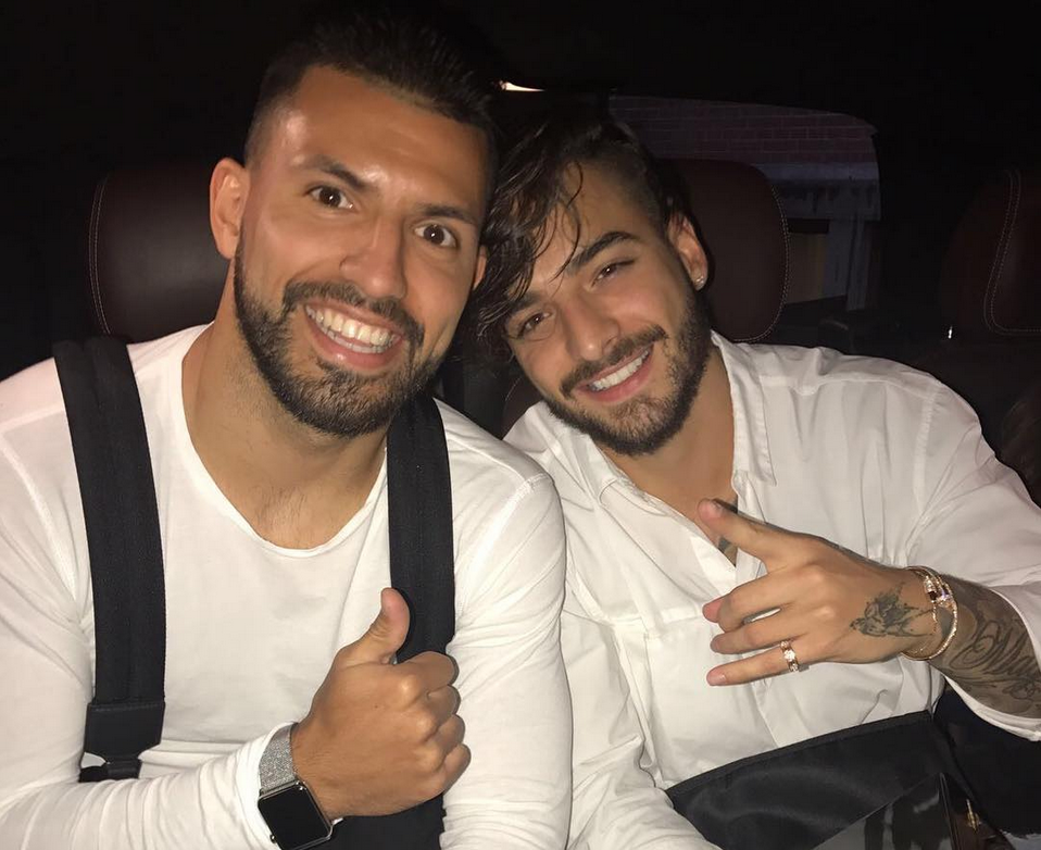 Aguero (left) posted this photo with Colombian artist Maluma (right) on Instagram earlier Thursday evening. After Maluma’s concert, Aguero was reportedly injured in a car accident. (Photo: Sergio Aguero on Instagram)