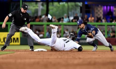 Jun 9, 2018; Miami, FL, USA; Miami Marlins first baseman Justin Bour (41) slides into second base on a double as San Diego Padres shortstop Freddy Galvis (13) is late on the tag in the sixth inning at Marlins Park. Mandatory Credit: Steve Mitchell-USA TODAY Sports