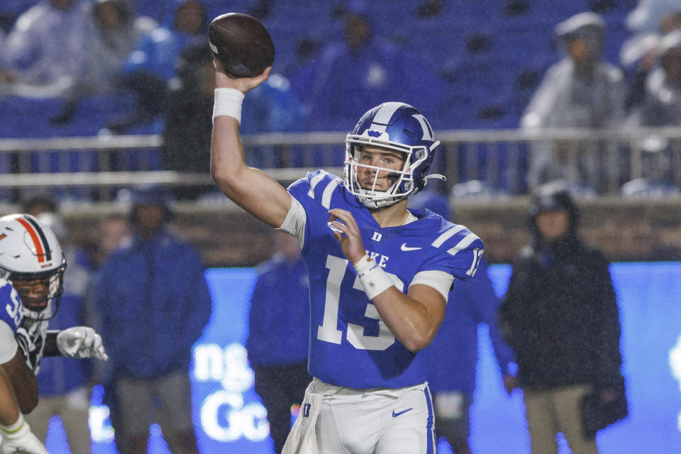 Duke's Riley Leonard throws a pass during the first half of the team's NCAA college football game against Virginia in Durham, N.C., Saturday, Oct. 1, 2022. (AP Photo/Ben McKeown)