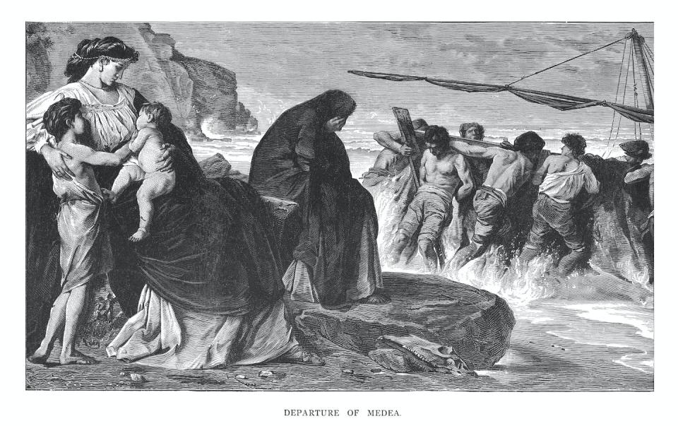 Medea killed her children when her husband, Jason, proposes marrying someone else in Euripides’ play. <a href="https://www.gettyimages.com/detail/photo/old-engraved-illustration-of-the-sorceress-medea-royalty-free-image/1277624941?phrase=Medea%20greek&adppopup=true" rel="nofollow noopener" target="_blank" data-ylk="slk:mikroman6/Moment via Getty Images;elm:context_link;itc:0;sec:content-canvas" class="link ">mikroman6/Moment via Getty Images</a>