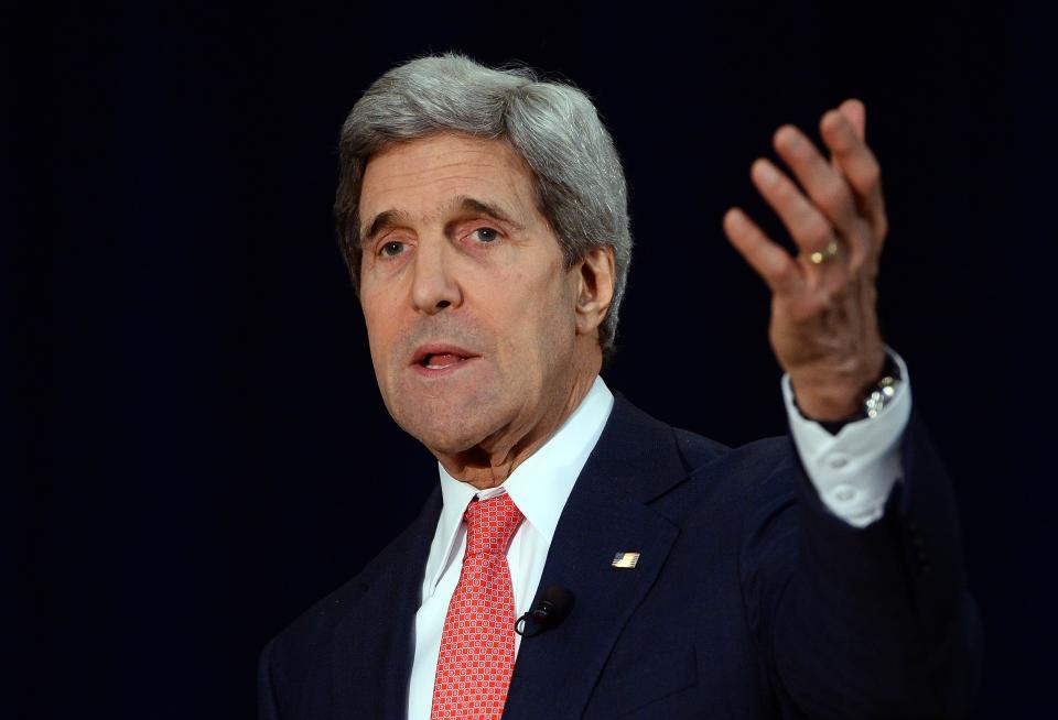 U.S. Secretary of State John Kerry speaks during a town hall meeting on Making Foreign Policy Less Foreign  with university students at the State Department in Washington on March 18, 2014. Kerry warned Russia against any military incursion into eastern Ukraine, saying it would be an 'enormous challenge to the global community' which would need to be met by a strong response. (Photo credit should read JEWEL SAMAD/AFP/Getty Images)