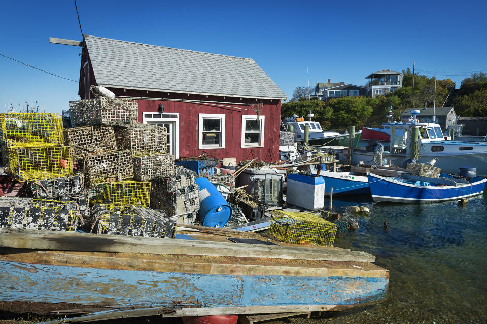 MARTHA'S VINEYARD, MENEMSHA, MASSACHUSETTS, UNITED STATES - 2013/10/20: Shack, lobster traps and boats in fishing village. (Photo by John Greim/LightRocket via Getty Images)