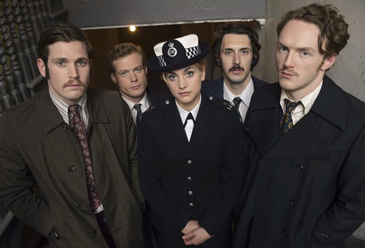 Tommy McDonnell as DC Hudson, Sam Reid as DCI Bradfield, Stefanie Martini as Jane Tennison, Blake Harrison as DS Gibbs, and Joshua Hill as DC Edwards in PBS’s <i>Prime Suspect:<br>Tennison</i>. (Photo: Courtesy of ITV Studios and NoHo Film & Television for ITV and MASTERPIECE)