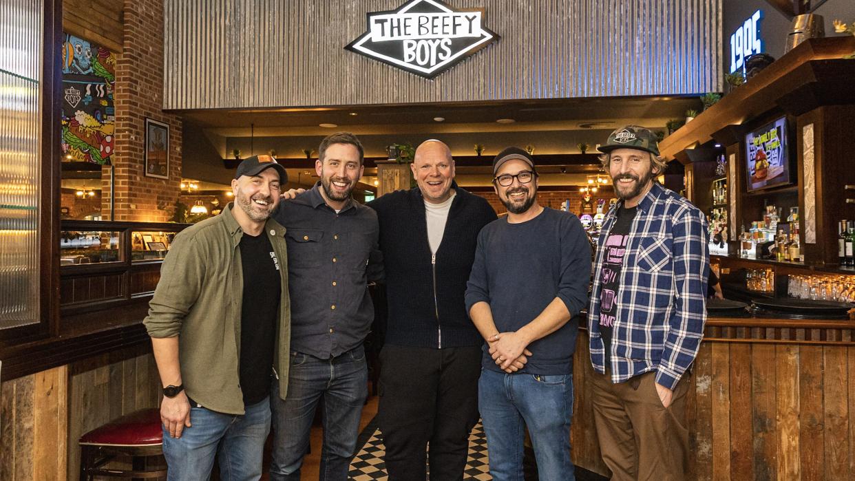  Tom Kerridge with 'The Beefy Boys' standing in their restaurant for The Hidden World of Hospitality 