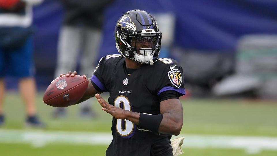 Baltimore Ravens quarterback Lamar Jackson (8) in action during the first half of an NFL football game against the Tennessee Titans, Sunday, Nov. 22, 2020, in Baltimore. (AP Photo/Nick Wass)