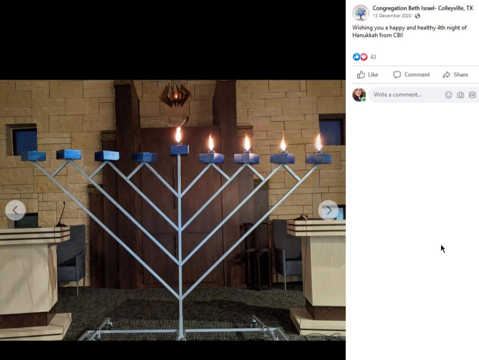 A photo posted by the synagogue for Hanukkah in 2020 (Congregation Beth Israel via Facebook)