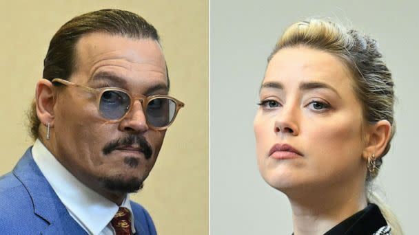 PHOTO: Johnny Depp attending the trial at the Fairfax County Circuit Courthouse in Fairfax, Va., on May 24, 2022, and Amber Heard looking on in the courtroom at the Fairfax County Circuit Courthouse in Fairfax, Va., on May 24, 2022. (Jim Watson/POOL/AFP via Getty Images)