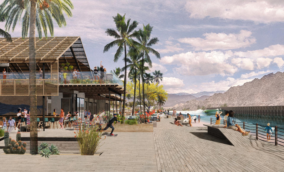 This artist rendering provided by REM Public Relations shows a rendering of a proposed Coral Mountain Resort with a large human-made surf lagoons that is proposed for the region around Palm Springs, Calif. Hours from the California coast, surfers are hoping one of the next spots where they can catch a wave is in the hot, dry desert where summer temperatures often soar above 100 degrees. (CCY Architects/REM Public Relations via AP)