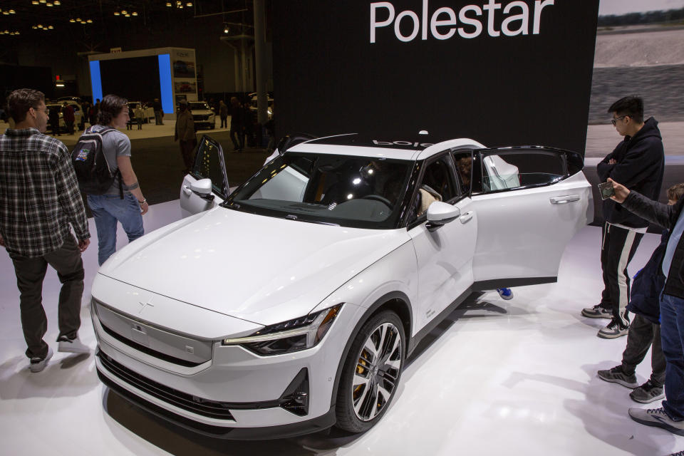 A Polestar electric vehicle is at the New York International Auto Show in New York on Saturday, March 30, 2024. (AP Photo/Ted Shaffrey)