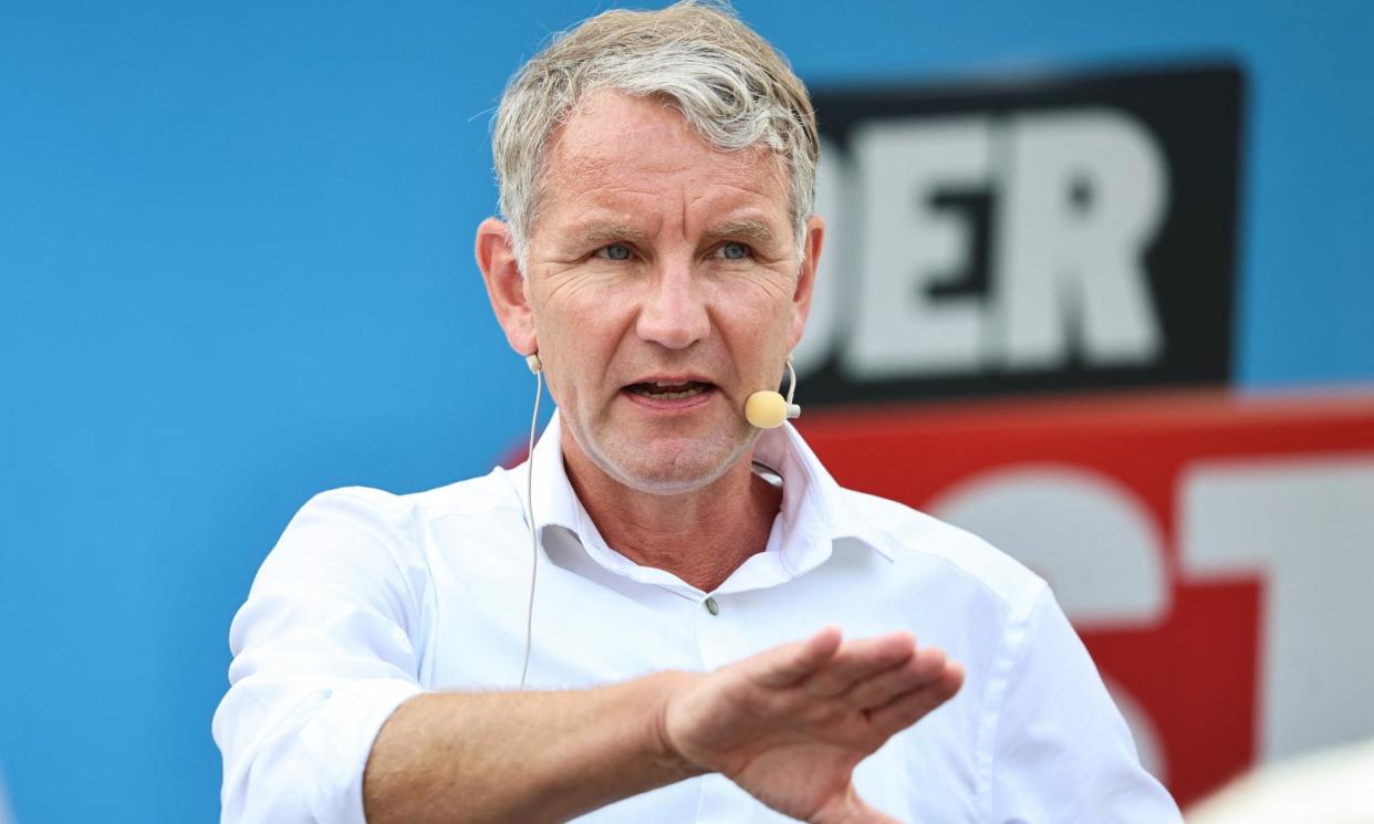 <span>Björn Höcke, AfD leader in Thuringia, speaks at a rally in the state capital Erfurt on 20 August.</span><span>Photograph: Karina Hessland/Reuters</span>