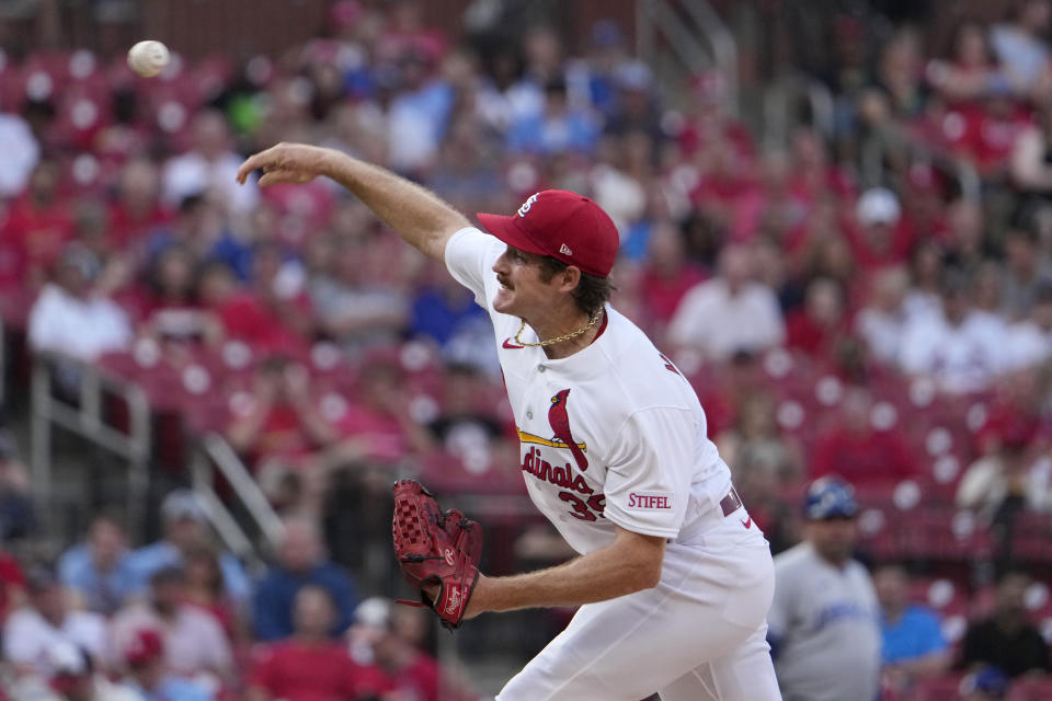 St. Louis Cardinals starting pitcher Miles Mikolas throws during the first inning of a baseball game against the Kansas City Royals Tuesday, May 30, 2023, in St. Louis. (AP Photo/Jeff Roberson)