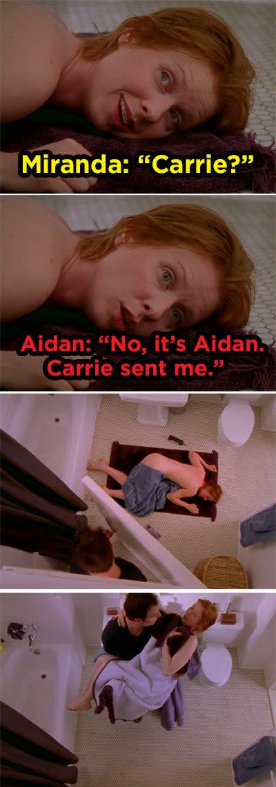 Miranda laid naked on the floor and Aidan picking her up and carrying her out