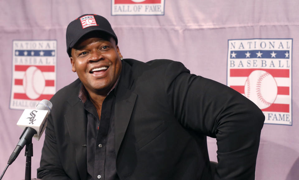Chicago White Sox slugger Frank Thomas smiles as he listens to a question during a news conference about his selection into the MLB Baseball Hall Of Fame, Wednesday, Jan. 8, 2014, at U.S. Cellular Field in Chicago. Thomas joins Greg Maddux and Tom Glavine as first ballot inductees Wednesday, and will be inducted in Cooperstown on July 27 along with managers Bobby Cox, Joe Torre and Tony La Russa, elected last month by the expansion-era committee. (AP Photo/Charles Rex Arbogast)