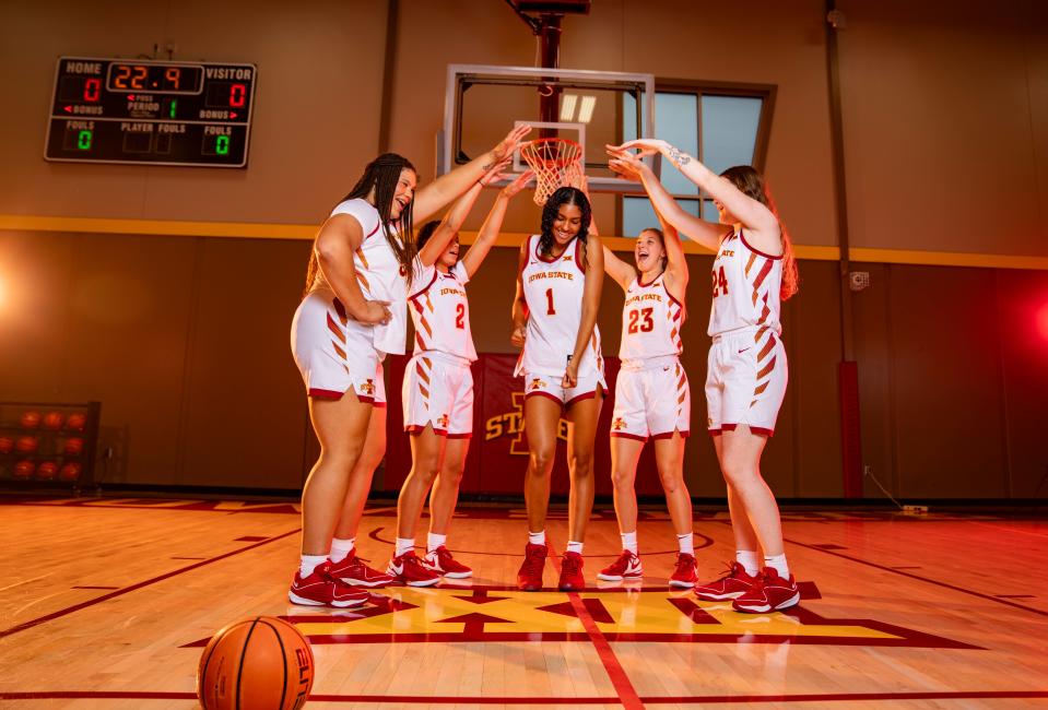 From left, freshmen Audi Crooks, Arianna Jackson, Jalynn Bristow, Kelsey Joens and Addy Brown dance during Iowa State women's basketball media day in Ames, Thursday.