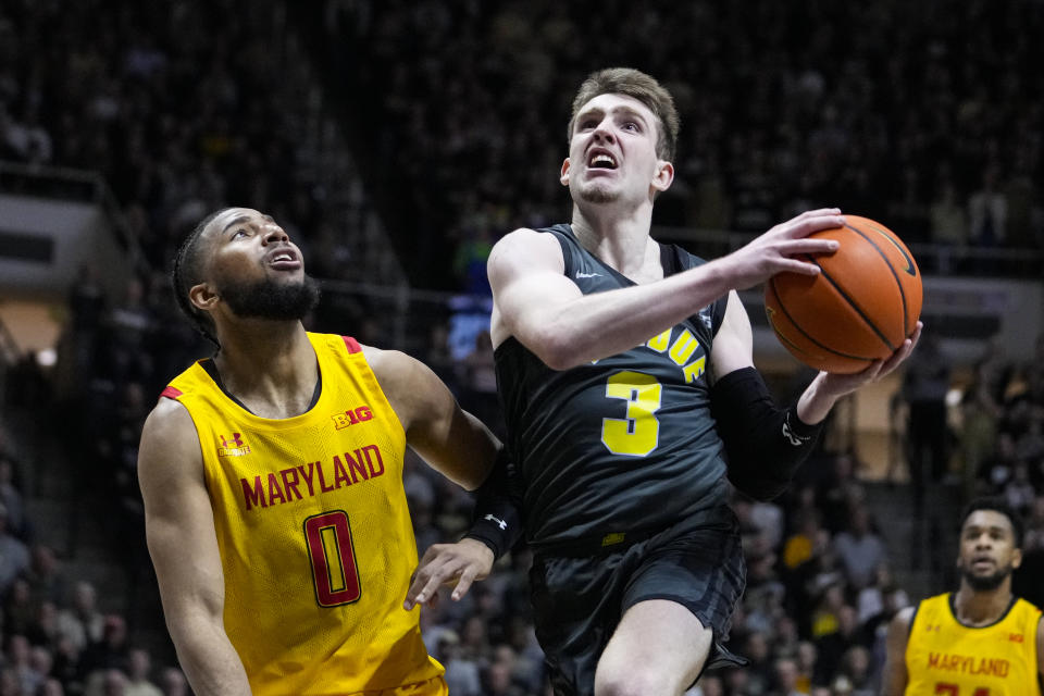 Purdue guard Braden Smith (3) shoots in front of Maryland guard Don Carey (0) during the second half of an NCAA college basketball game in West Lafayette, Ind., Sunday, Jan. 22, 2023. Purdue defeated Maryland 58-55. (AP Photo/Michael Conroy)