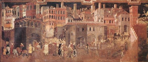 <span class="caption">Ambrogio Lorenzetti, Effects of Good Government fresco, Palazzo Pubblico, Siena</span> <span class="attribution"><a class="link " href="https://commons.wikimedia.org/wiki/File:Ambrogio_Lorenzetti_-_Effects_of_Good_Government_on_the_City_Life_(detail)_-_WGA13488.jpg" rel="nofollow noopener" target="_blank" data-ylk="slk:Wikimedia Commons;elm:context_link;itc:0;sec:content-canvas">Wikimedia Commons</a>, <a class="link " href="http://creativecommons.org/licenses/by-nc-nd/4.0/" rel="nofollow noopener" target="_blank" data-ylk="slk:CC BY-NC-ND;elm:context_link;itc:0;sec:content-canvas">CC BY-NC-ND</a></span>