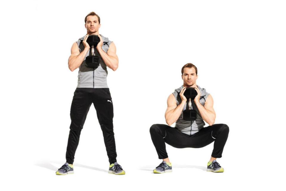 <p>Stand with feet shoulder-width apart and hold a heavy dumbbell by its end with both hands at chest, to start. Squat as low as you can, keeping back flat and chest up. At the bottom of the squat, drive through heels to return to start. That's 1 rep. Repeat.</p><p><strong>Pro tip:</strong> You can also try sumo squats, tempo squats, and jump squats (light weight)</p>