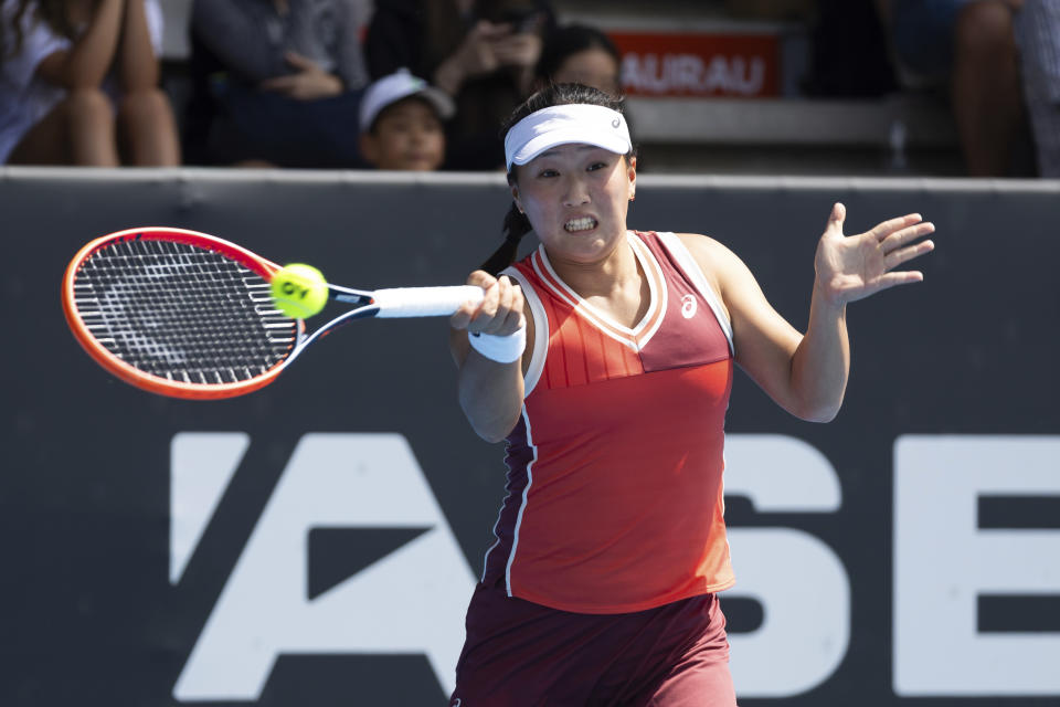 Claire Liu of the U.S., plays a shot during her singles match against her compatriot Coco Gauff at the ASB Classic tennis tournament in Auckland, New Zealand, Tuesday, Jan. 2, 2024. (Brett Phibbs/Photosport via AP)