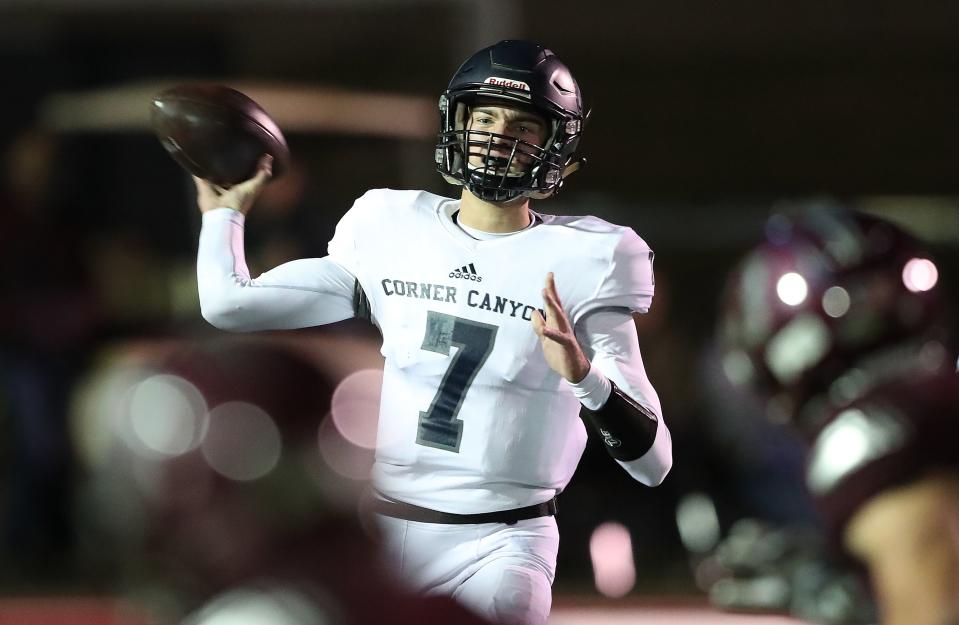 Corner Canyon’s Cole Hagen looks to pass during a game against Jordan on Wednesday, Oct. 17, 2018.