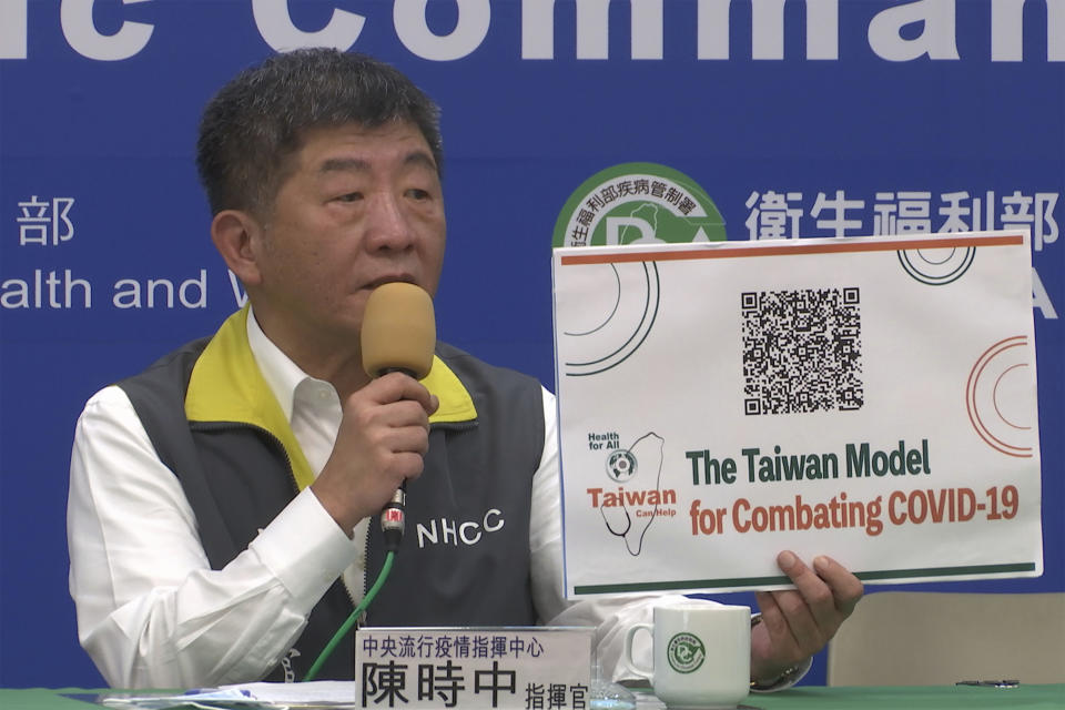 In this image made from a video, Taiwan's Health Minister Chen Shih-chung speaks at a press conference in Taipei, Taiwan Wednesday, May 6, 2020. Taiwan’s exclusion from the upcoming World Health Assembly would harm the global response to the coronavirus pandemic and cannot be excused by mere rules of procedure, Chen said on Wednesday. (AP Photo/Johnson Lai)