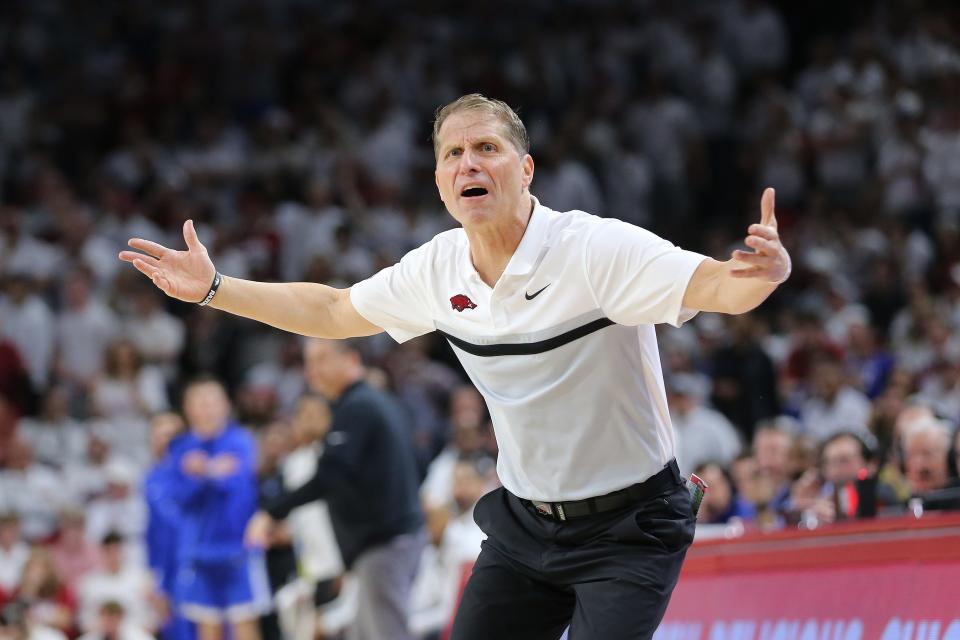 Mar 4, 2023; Fayetteville, Arkansas, USA; Arkansas Razorbacks head coach Eric Musselman reacts during the first half against the Kentucky Wildcats at Bud Walton Arena. Mandatory Credit: Nelson Chenault-USA TODAY Sports