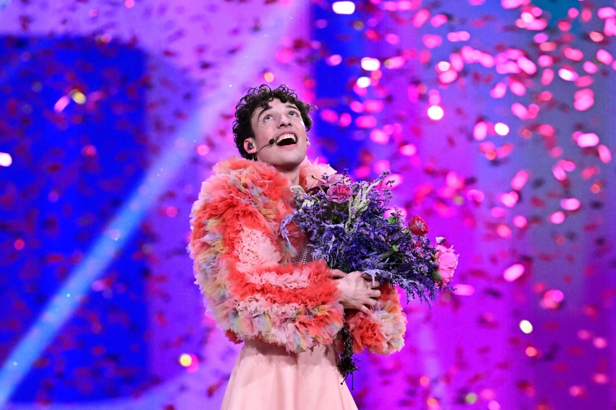 A delighted Nemo, representing Switzerland, sings "The Code" after winning Eurovision on May 11, 2024.