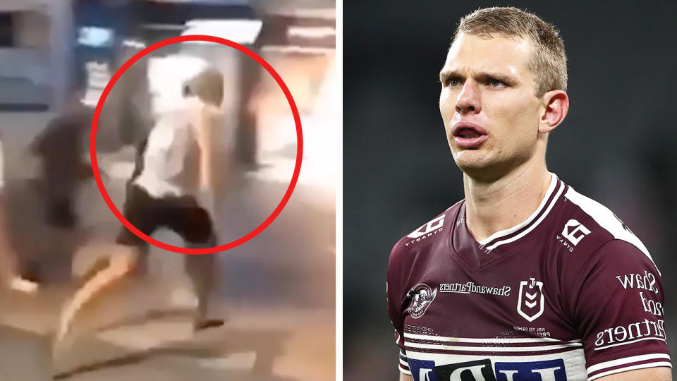 Tom Trbojevic (pictured right) looking on during a game and (pictured left) at the Manly Corso on Saturday night.