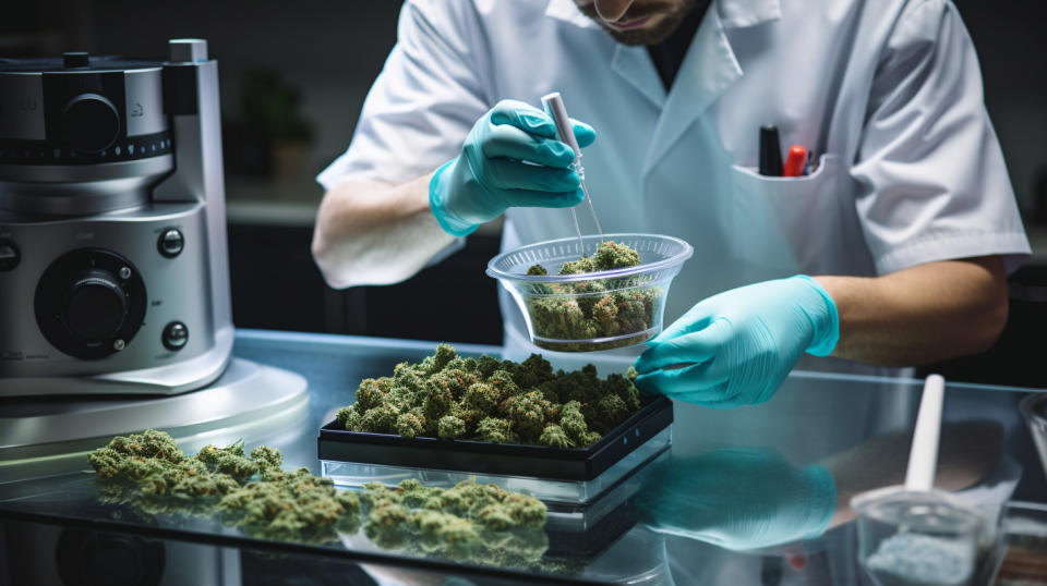 A lab technician meticulously measuring and mixing ingredients to create a cannabis-infused edible.