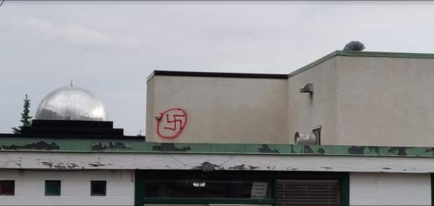 Baitul Hadi Mosque in Edmonton was recently vandalized with a swastika symbol.  (Submitted by Ahmadiyya Muslim Jama`at Canada - image credit)