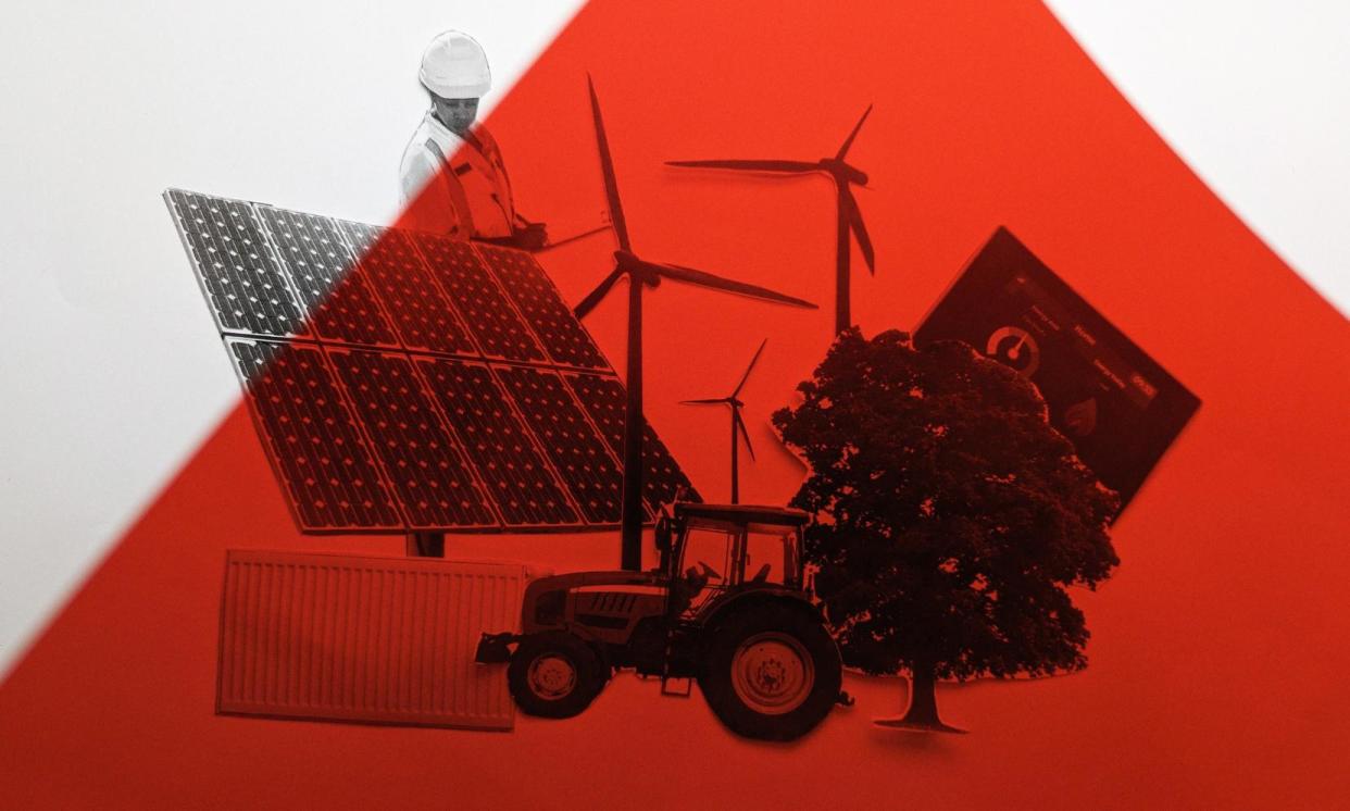 <span>Labour has vowed to ‘cut bills, create jobs and deliver security with cheaper, zero-carbon electricity by 2030’.</span><span>Illustration: Guardian Design</span>