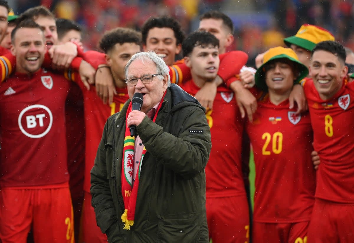 Dafydd Iwan singing Yma o Hyd at the World Cup play-off between Wales and Ukraine at the Cardiff City Stadium in June  (Getty Images)