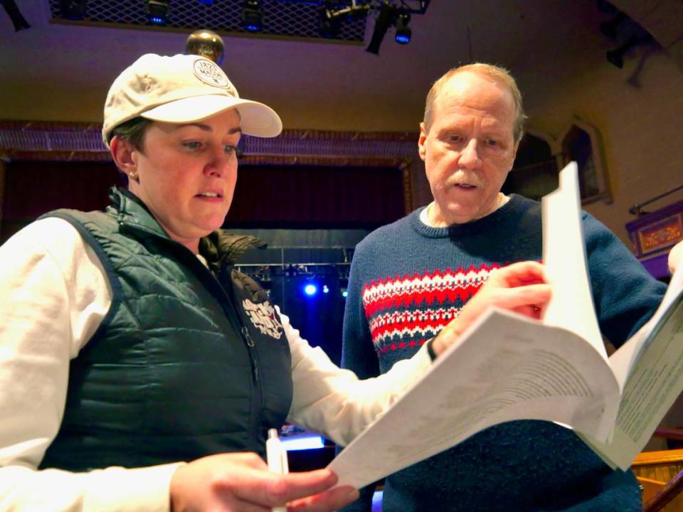 Author Jessica Walden and director Jim Crisp review Walden’s script during rehearsals for Rock Candy Tours’ sweeping musical history, “Macon Music Live: Origins.” It’s at The Capitol Theatre on Thursday through Sunday. Michael W. Pannell/Special to The Telegraph