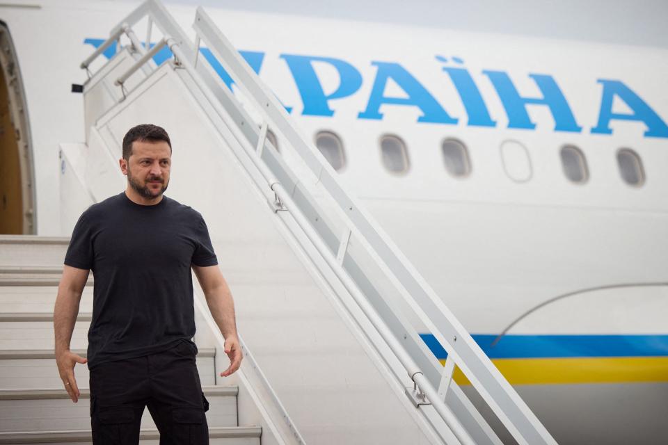 In this handout photograph taken and released by the Ukrainian Presidential Press Service on 1 June 2024, Ukraine’s president Volodymyr Zelensky gets off his plane as he arrives to attend Shangri-La Dialogue Summit in Singapore (Ukrainian presidential press service)